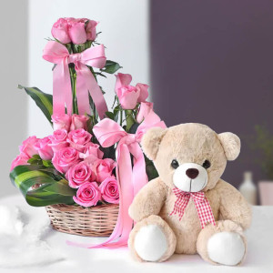 Pink Rose Arrangement With Teddy